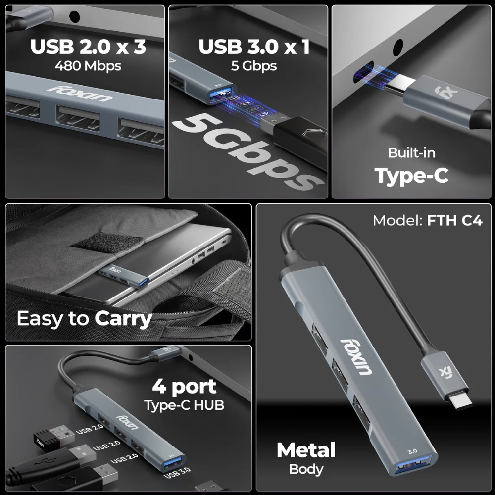 Foxin Type-C to 4 Port USB Hub 3.0 (Metal Body) FTH C4 view 2